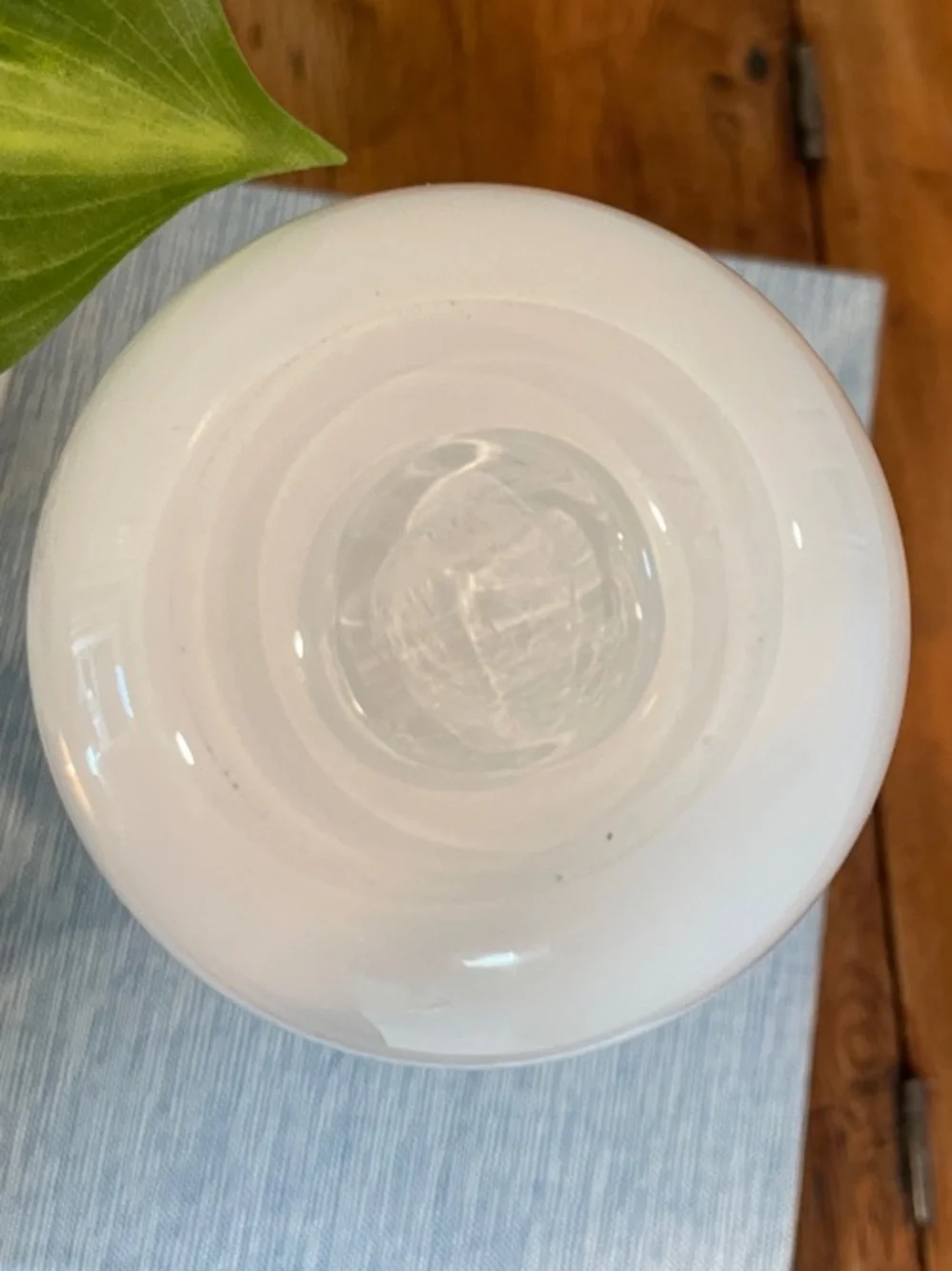 Vintage White Handblown Glass Vase – Chrome Colored Mushroom Rim –  8.5